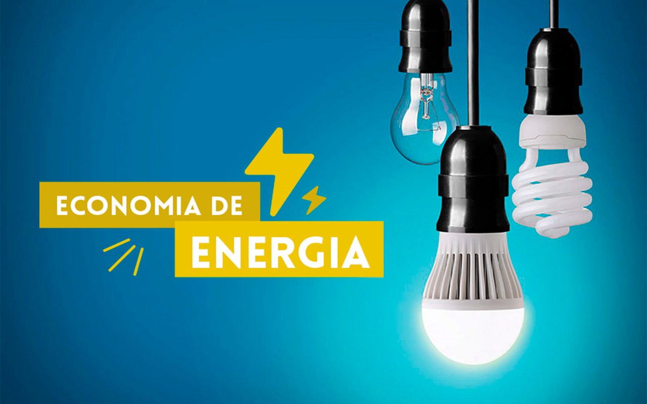 lâmpadas de diferentes tipos sobre fundo azul com dizeres Economia de Energia