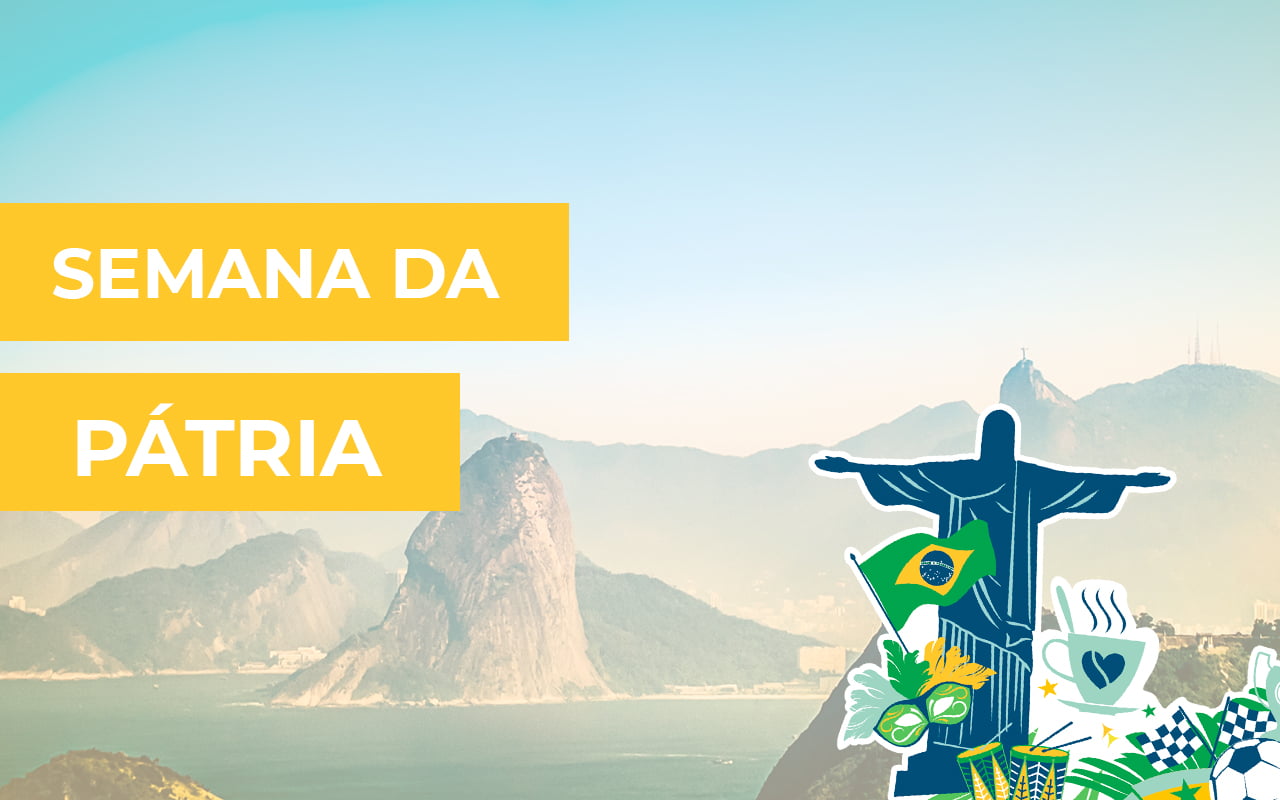 semana da pátria - paisagem do Rio de Janeiro com cartoon do Cristo Redentor e outras coisas tipicamente brasileiras