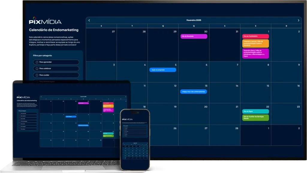 Mockup com as diferentes versões do calendário de endomarketing para planejar as ações e campanhas