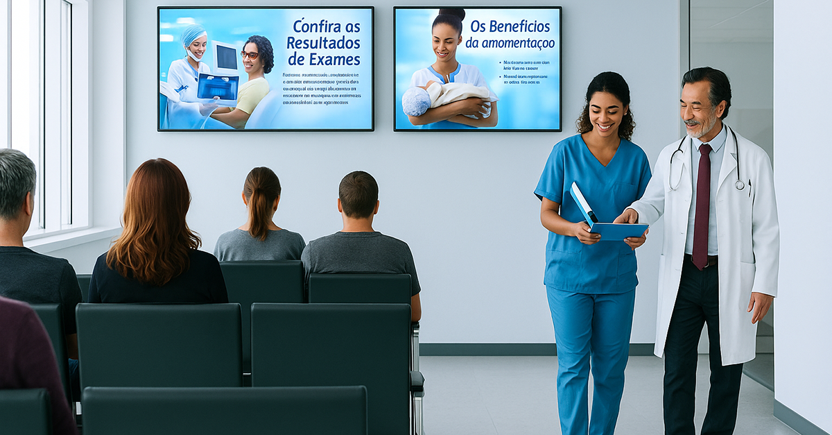 Sala de espera com duas TVs de digital signage exibindo conteúdos sobre saúde