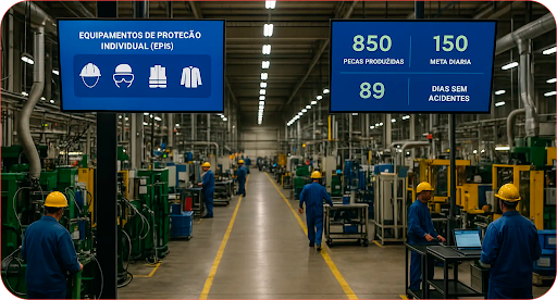 Grupo de pessoas em seu local de trabalho com telas mostrando informativos