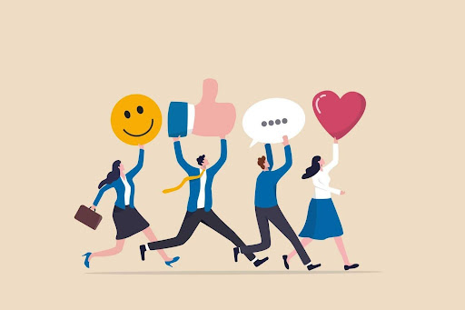 Desenho de grupo de pessoas carregando emojis