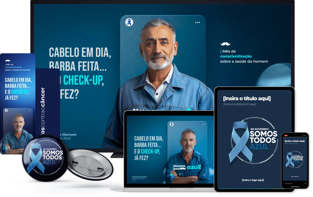 Kit de materiais de endomarketing do Novembro Azul aplicado em diferentes canais de comunicação interna