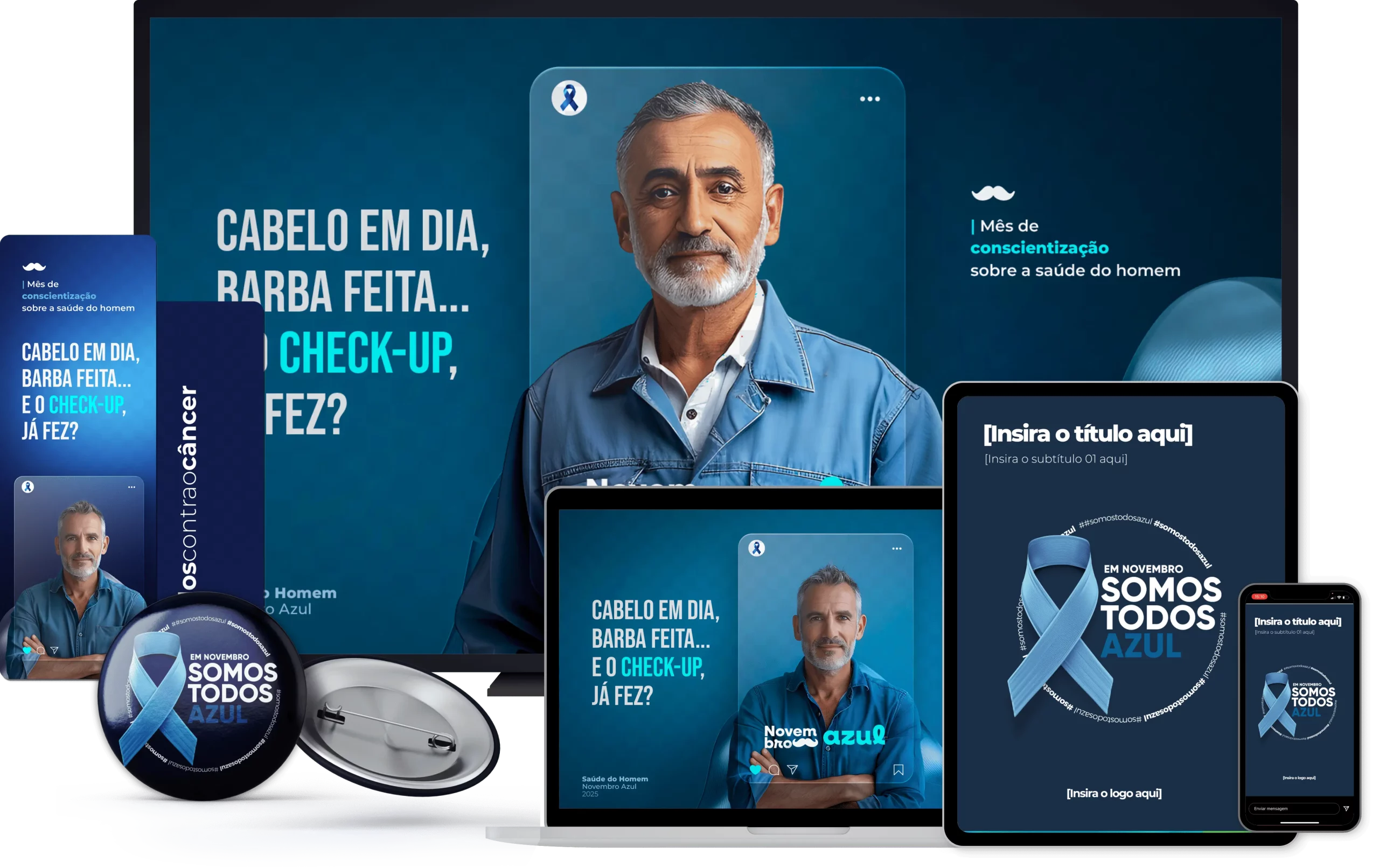 Kit de materiais de endomarketing do Novembro Azul aplicado em diferentes canais de comunicação interna